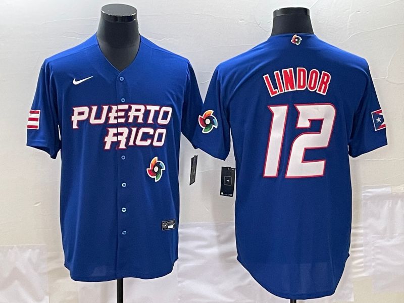 Men 2023 World Cub Puerto Rico #12 Lindor Blue Nike MLB Jersey9